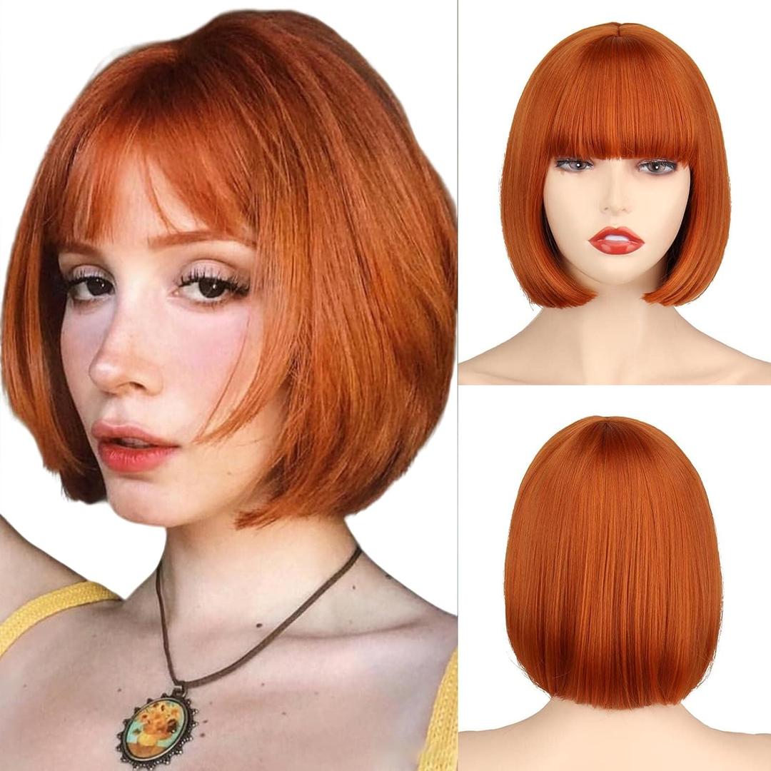 WERD Short Orange Bob Wig with bangs for Women,Ginger Orange Bob WIig with Bangs, Straight Natural Synthetic Wig for Halloween Cosplay Party Use