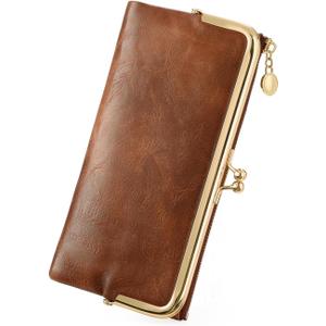 GOIACII Womens Wallet Ladies Vintage Billfold Compact Card Holder Long Zip Clutch Purse with Kiss Lock Brown