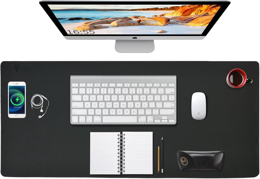 Desk Mat with Wireless Charging Mouse Pad Gaming Large Desk Pad with Wireless Charger 32x16 Waterproof Black Leather Computer Mat Mousepad Non-Slip Protector on Top of Desks