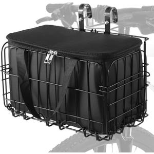Front Bike Basket, Foldable Bike Storage Basket with Waterproof PU Bag, Zippered Pocket, Easy Installation, Fits Most Bikes, Black Metal Frame, 13.4 x 7.9 x 9in for Adult Women/Men Carrying Dogs, Pets
