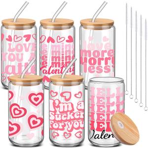 6 Pcs Valentines Glass Tumbler Gifts Galentines 16 oz Pink Heart Glass Cup with Bamboo Lid and Straw Valentines Can Shape Drinking Glasses Iced Coffee Cup for Her Birthday Presents