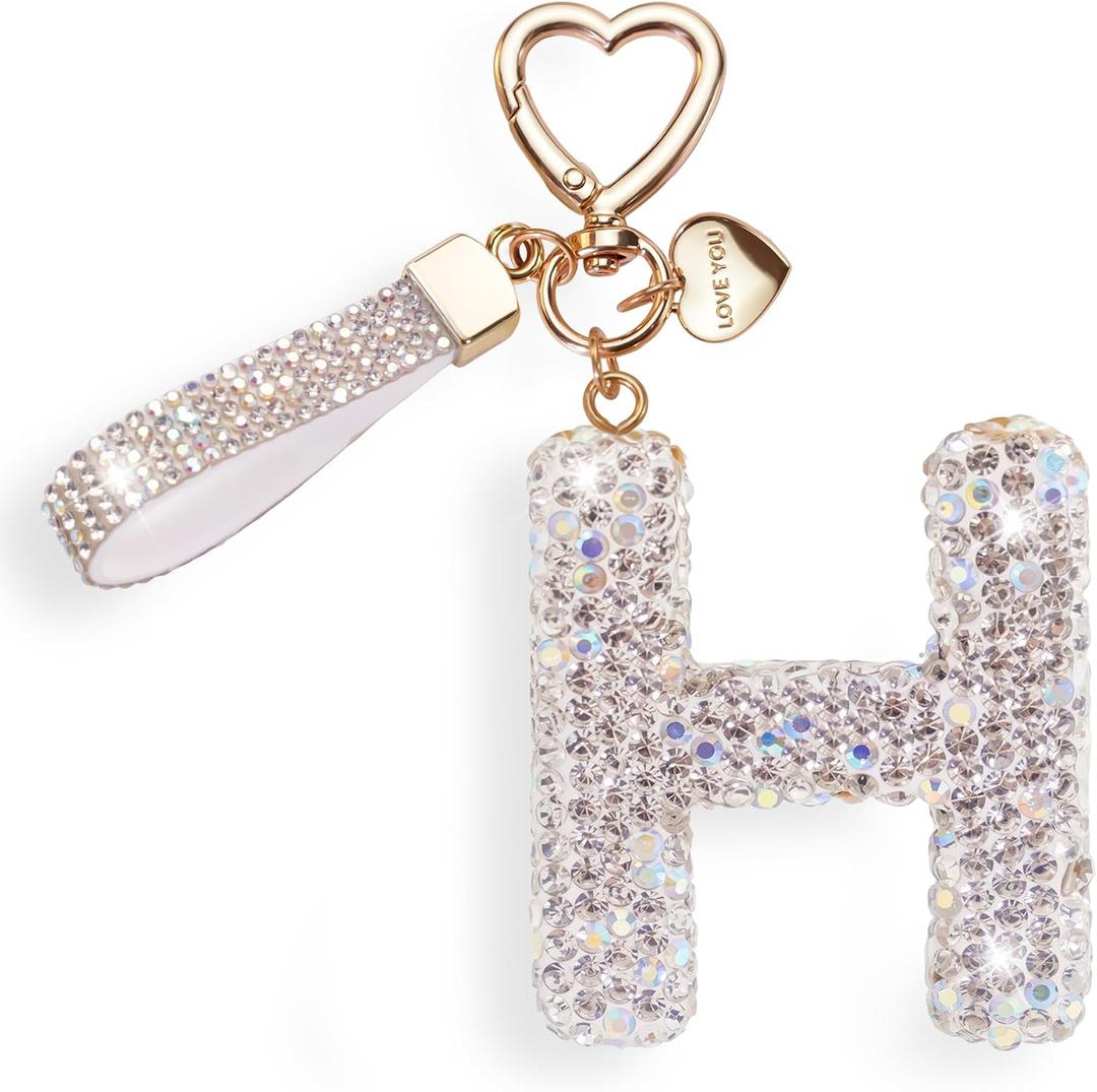 2 x Initial Keychain for Women Cute - White Letters Charms for Bogg Bag Handbags, Bling Car Key Accessories, Personalized Gifts