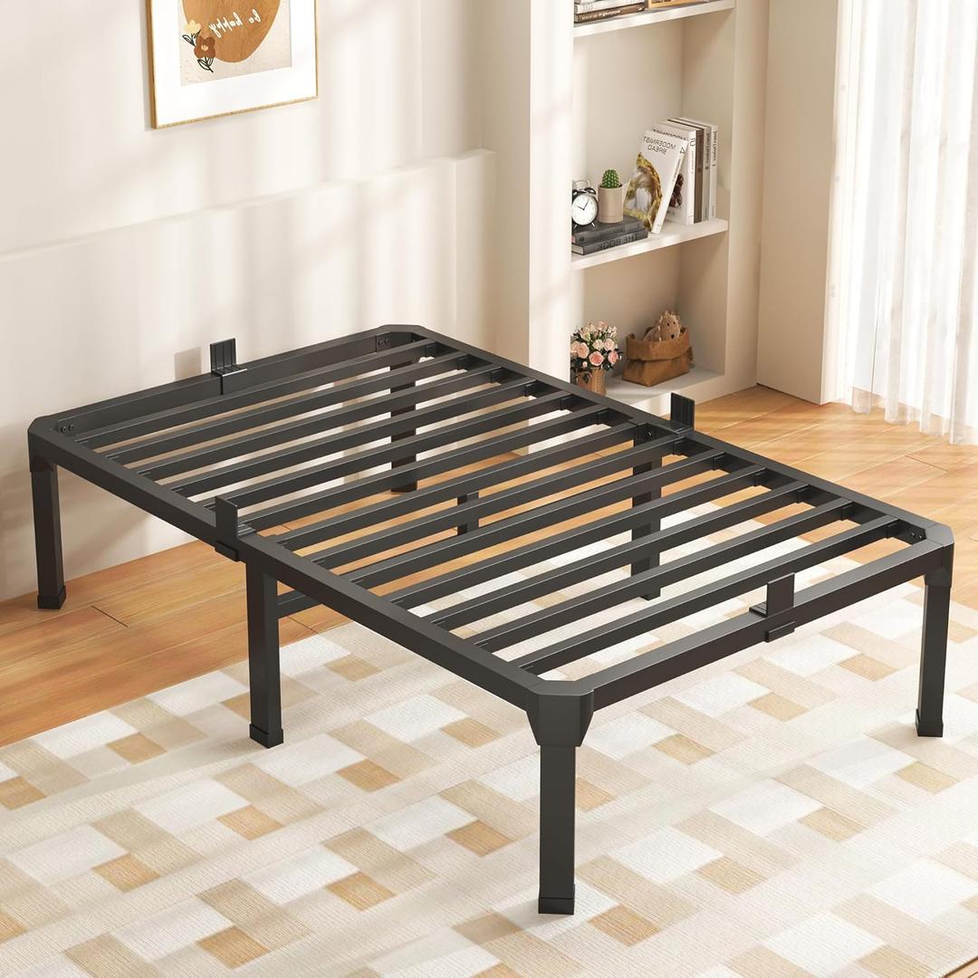 18 Inch Heavy Duty Twin Bed Frame with 4 Mattress Baffles | Noise-Free, Easy Assembly, 3500LBS Load Capacity, Headboard Holes, Rubber Pads, 16.6" Storage