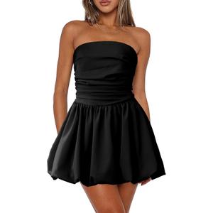 Women's Strapless Tube Top Bubble Mini Dress Ruched Bow Back Dresses Party Cocktail (Black, X-Large)