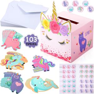 Zonon Valentines Box Mailbox Unicorn Valentines Day Cards Gifts with Envelopes and Stickers for Classroom Exchange Party Favor (1 Mailbox, 33 Valentine Cards, 33 Envelopes, 36 Stickers)