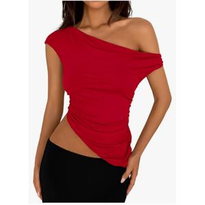 PRETTYGARDEN Womens Off The Shoulder Y2K Tops 2026 Summer Sleeveless Asymmetrical Ruched Going Out Tank Top Fashion Clothing, Size S