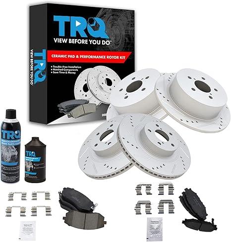 TRQ Front and Rear Performance Brake Pad & Rotor Kit Brake Chemical Kit Brake Pads Brake Rotors Set Ceramic Premium G-Coated Compatible with 2006-2009 Subaru Legacy 2005-2009 Outback