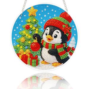 Eiflow Glass Diamond Art Hanging Kit for Adults Full Drill, DIY Christmas Diamonds Painting Window Hanging Board Kit, Stained Glass Crystal Diamond Art Painting Pendant Ornament (Penguin)