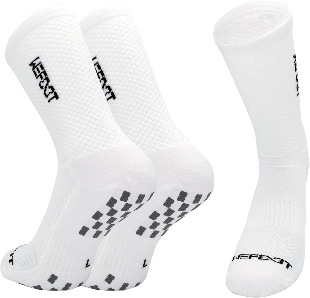 WE FOOT Dual Grip Crew Sports Socks Anti-Slip Socks for Men Women Soccer Football Futsal Basketball Tennis (10-12, White)