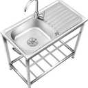 Outdoor Free Standing Sink, Utility Stainless Steel Kitchen Single Bowl Washing Hand Basin Station Sink with Drainboard and Faucet, for Restaurant, Cafe, Bar, Hotel, Garage, Laundry Room (29.5*15.7*29.5in)