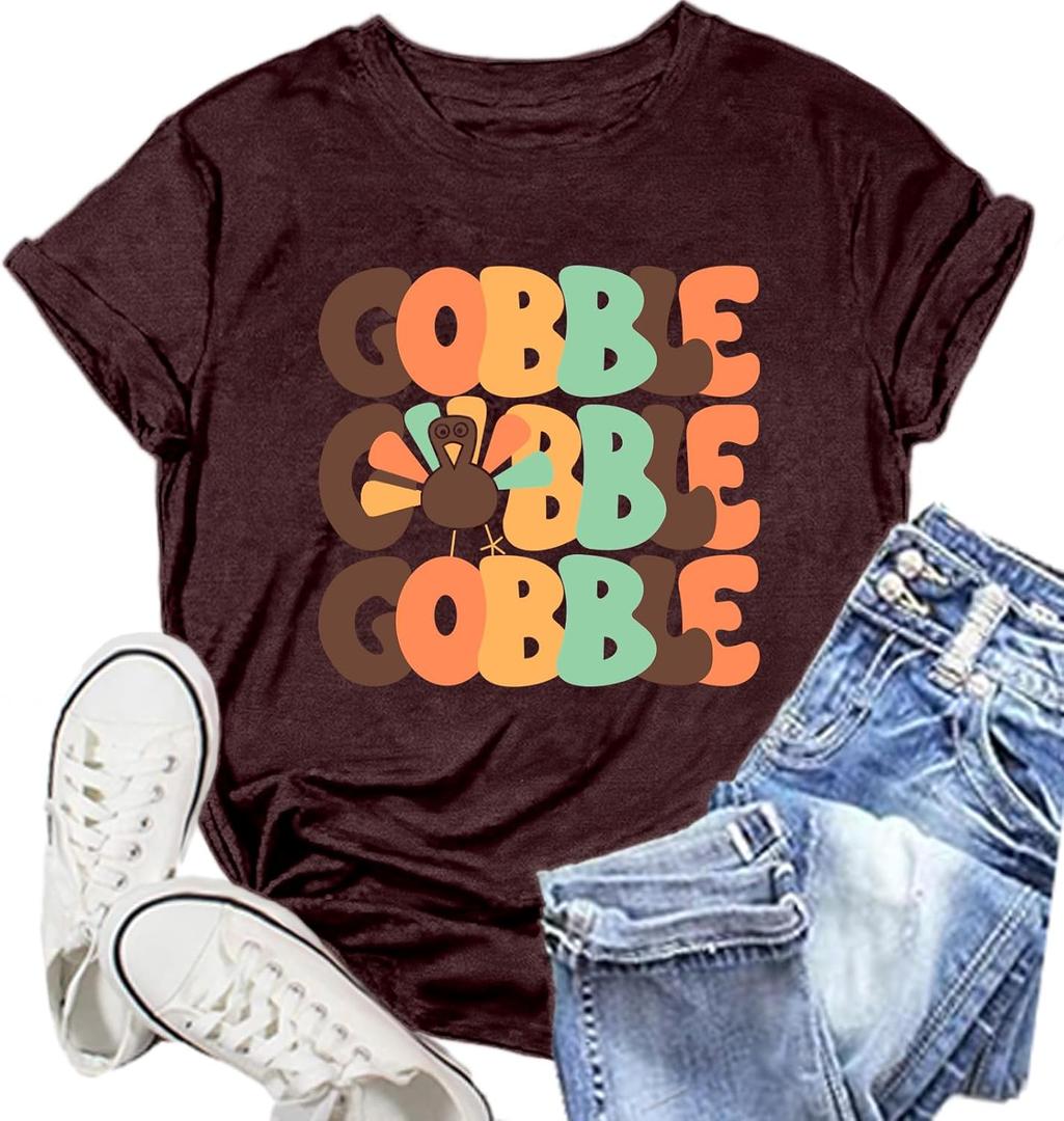 Thanksgiving Day Shirt for Women Gobble Turkey Tshirt Thanksgiving Tee Tops (XXL)