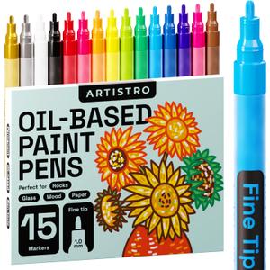 ARTISTRO 15 Oil-Based Permanent Paint Markers - Assorted Sets of Fine and Medium Tip Markers for Wood, Rock, Fabric, Glass, Ceramic, Metal, Plastic, and More - Quick Dry, Waterproof, Permanent