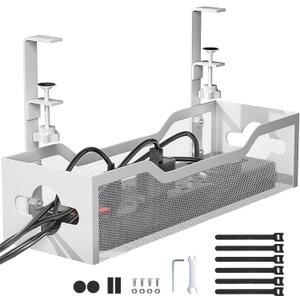 Under Desk Cable Management Tray No Drill, 13.38'' Metal Tray with Clamp for Wire Management, Litwaro Cord Organizer Home Office Damage to Standing Desk, White