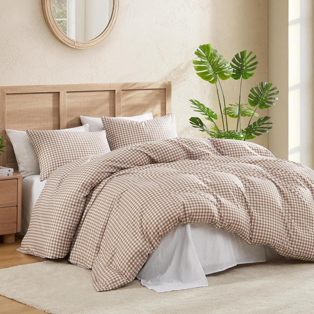 Andency Gingham Duvet Cover Queen Size, Tan Brown Checkered Plaid Bedding Set, 3 Pieces Soft Prewashed Polyester Comforter Cover with Zipper Closure & Corner Ties