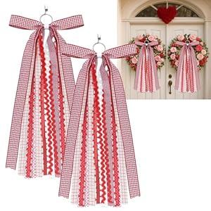 Suncalla 2 Pcs Red Valentine's Day Ribbon Bow for Wreath Red Valentine's Day Wreaths Ribbon Bundle Assorted Sash for Wreaths for Party Front Door Indoor Outdoor Decoration