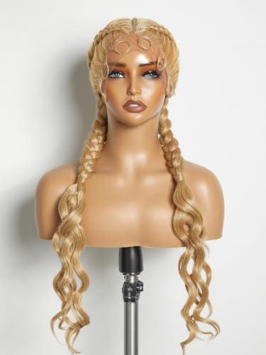 GORGIUS French Braided Wig Double Twist Box Braid Wig with Wavy Ends Honey Blonde Braided Lace Front Wigs with Baby Hair Knotless Synthetic Cornrow Braiding Wig