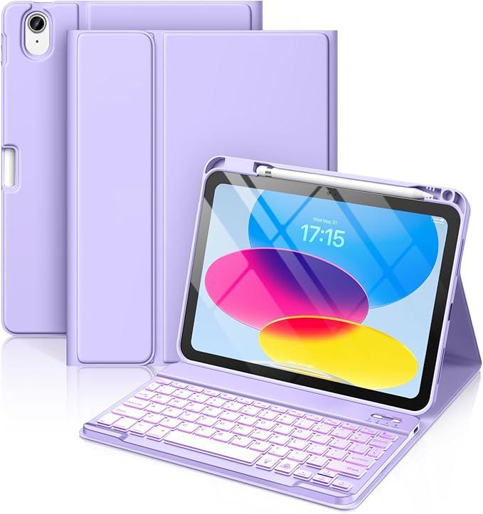 iPad 11th 10th Generation Case with Keyboard - 7 Colors Backlit Wireless Detachable Folio Keyboard Cover with Pencil Holder for iPad 11-inch A16 2025 10th Gen 10.9 Inch 2022 (Purple)