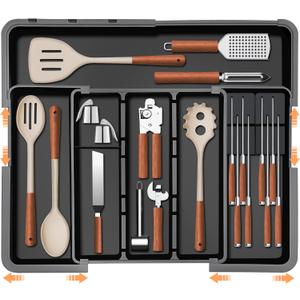 Large Utensil Drawer Organizer for Kitchen, Expandable Silverware Organizer Utensil Holder, Cutlery and Flatware Cooking Tray, Kitchen Drawer Organizers and Storage with Removable Knife Block, Black