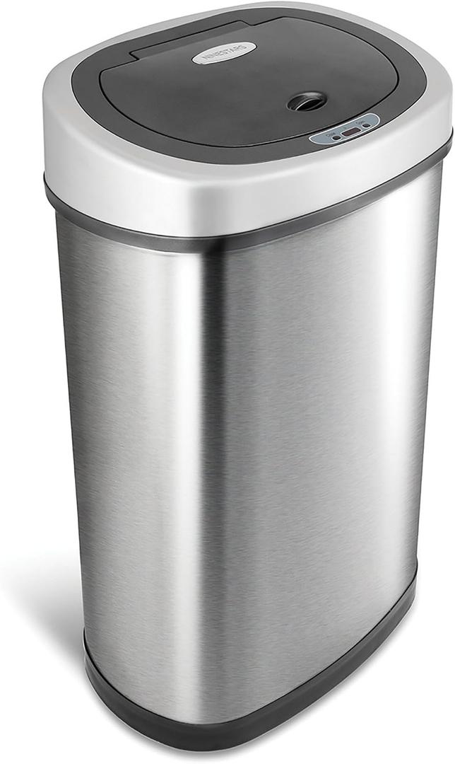 Ninestars 13 Gallon Oval Automatic Trash Can, 50L Touchless Motion Sensor Kitchen Garbage Can with Odor-Sealing Black Lid, Silver Stainless Steel