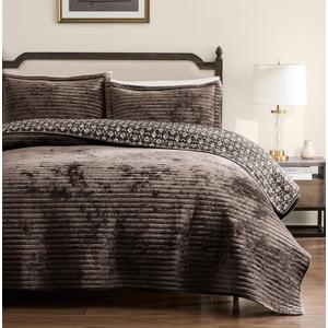 WDCOZY Velvet King Size Quilt Set - Chocolate Striped Soft Lightweight Bedspread, Dark Brown Neutral Channel Farmhouse Country Rustic Coverlet, Coffee Modern Bedding Warm Thin Comforter, 3 Pieces