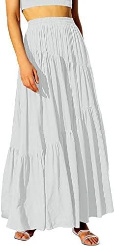ANRABESS Women’s Boho Elastic High Waist Pleated A-Line Flowy Swing Asymmetric Tiered Maxi Long Skirt Dress with Pockets L