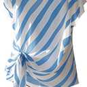 Floerns Women's Chiffon Blouses Tops Striped Mesh Bowknot Round Neck Shirts Short Dolman Sleeve Tie Side Work Blouse, M