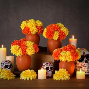 LemonRoad Dia De Los Muertos Altar Decorations Marigold Flowers Day of The Dead Decorations Clay Vase with Artificial Marigold Fake Flowers for Mexican Day of The Dead Table Decoration