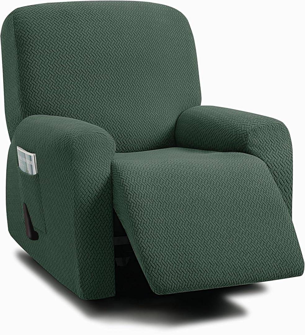 ULTICOR 4-Piece, 1 Seat Recliner Cover, Jacquared Stretch Reclining Chair Covers for 1 Cushion Reclining Sofa, Single Seat Recliner Couch Cover, Soft, Machine Washable (Style 3) (Retro Green)