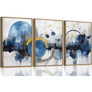 OIQArtOIQ 3 Piece Large Abstract Canvas Wall Art For Living Room Blue and Gold Framed Wall Art Modern Aesthetic Minimalist Art Prints Artwork For Bedroom Office Dining Room 12x16 in