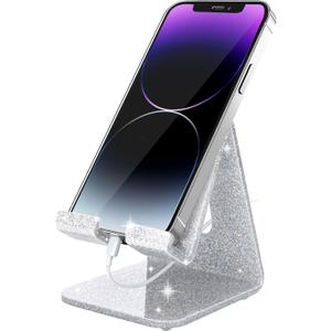 Crpich Acrylic Cell Phone Stand, Portable Phone Holder, Phone Stand for Desk, Compatible with Phone16 15 14 13 12 Pro Max Mini 11 Xr Plus SE, Switch, Android Smartphone, Pad, Tablet, Glitter Silver