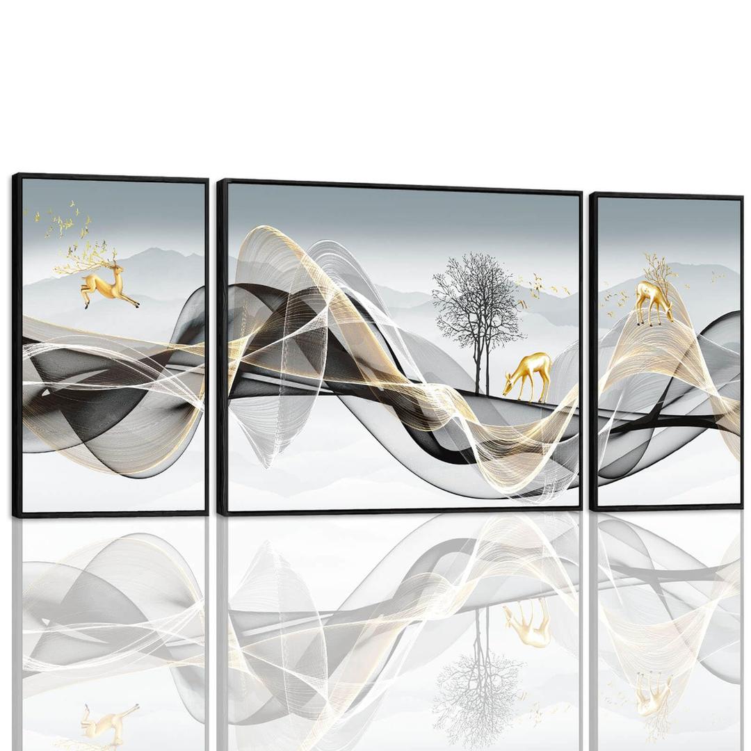 Abstract Wall Art - Large Black and Gold Room Decor Modern Luxury Wall Art for Living Room Large Canvas Art for Master Bedroom Living Room Office Wall Decor Framed Artwork for Walls Set of 3 Wall Art