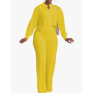 HBQ Women's Summer 2 Piece Outfits Casual Tracksuit Short Sleeve Button Down Crop Top Wide Leg Long Pant Lounge Sets L