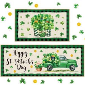 2 Pieces Happy St. Patrick's Day Kitchen Rugs Irish Shamrock Rugs Green Clover Truck Mats Floor Rug for St Patricks Day Home Party Decor, 17 x 29 Inches, 17 x 47 Inches