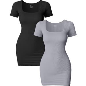 OQQ Women's 2 Piece Mini Dresses Sexy Ribbed Short Sleeve Square Neck Bodycon Mini Dress Black Grey, Small