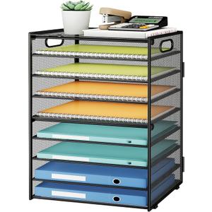 SUBEKYU 9 Tier Paper Organizer for Desk - Black Metal Mesh Letter Tray File Paper Sorter Organizer Include 6 Pcs Adjustable Height Slid Tray with Handles for Office School Home Organization Storage