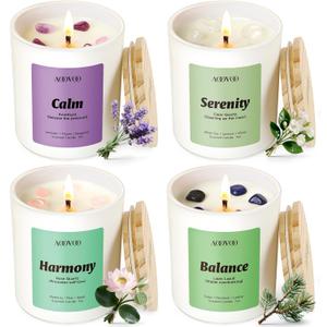 AOOVOO Calm Candles Set for Women - 4 Pack Candles for Home Scented, 28 oz 200 Hour Burn, Aromatherapy Candle with Crystals, Lavender Calm/Jasmine Serenity/Water Lily Pear Harmony/Patchouli Balance