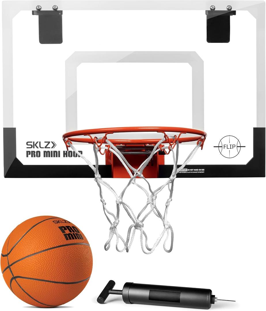 SKLZ Pro Mini Indoor Basketball Hoop with Ball, Over the Door, Shatter-Proof Backboard, Spring-Action Break-Away Steel Rim, Great for Home, Dorm Room, and Office