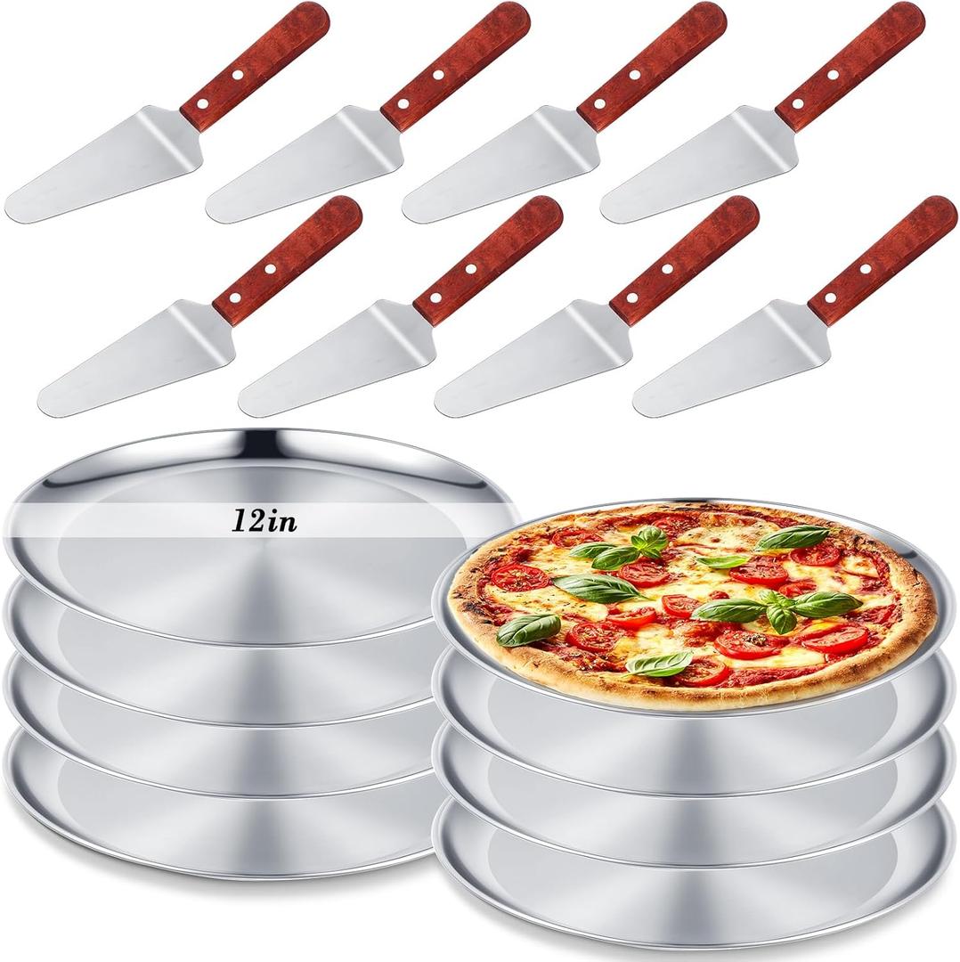 16 Pcs 12'' Pizza Oven Pans and Servers Set, 8 Stainless Steel Pizza Pan Trays 8 Pie Spatula Servers with Wood Handle, Cutting Shoveling Pie Cake Serving Utensils for Oven Baking Kitchen Restaurant