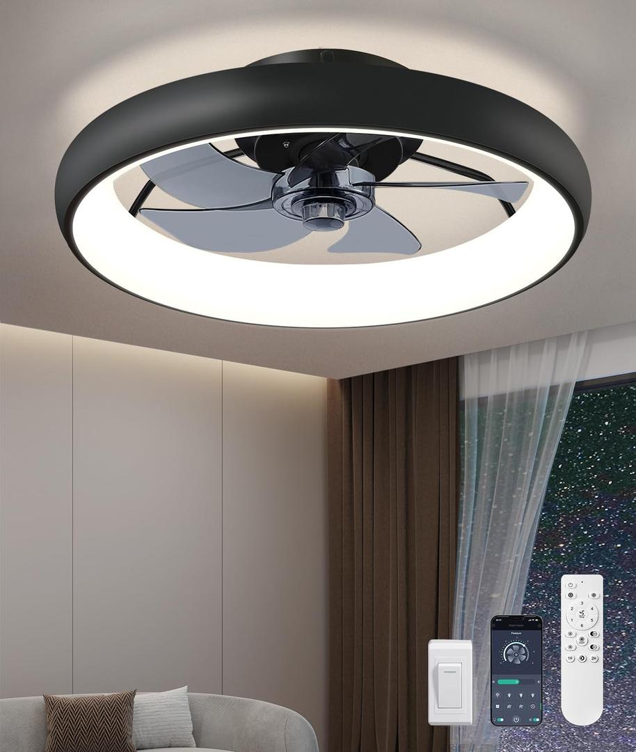 Ultra Low Profile Ceiling Fans with Lights and Remote Ultra Quiet 25 dB, 21" Modern Flush Mount LED Ceiling Fan Fandelier Ceiling Fan for Bedroom Kitchen (Matte Black)