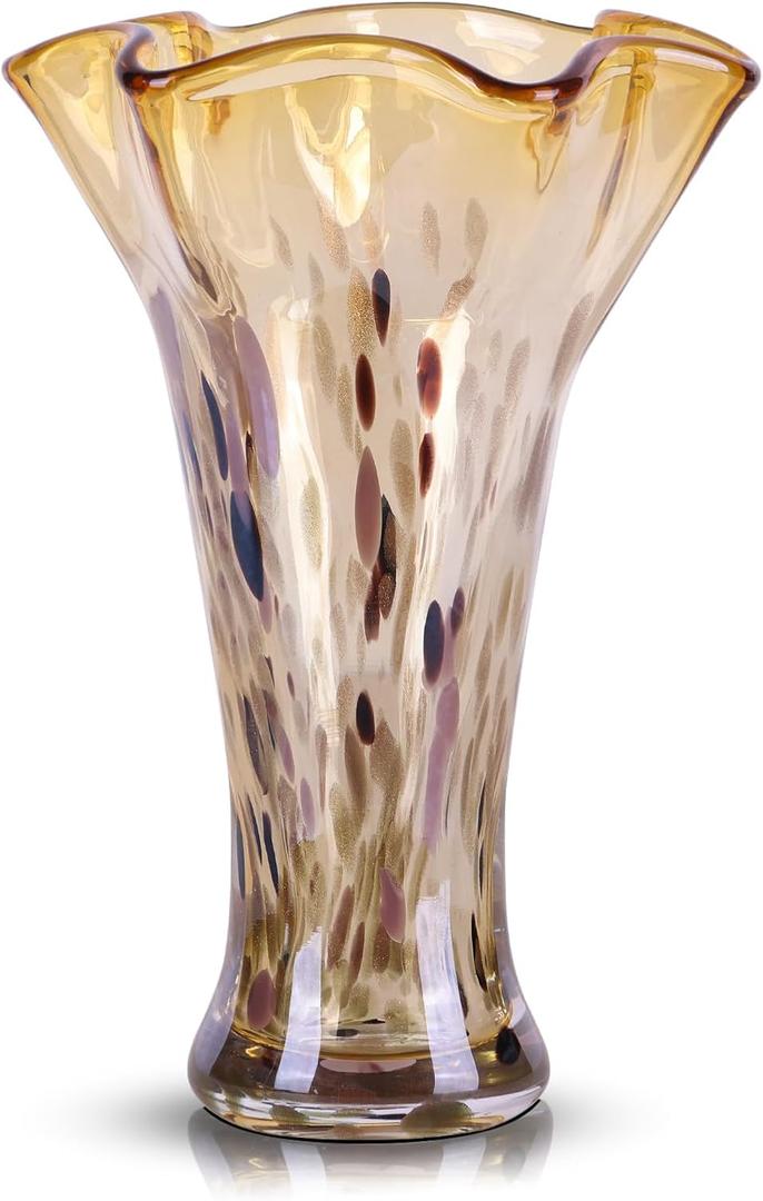 9.0"H Amber Glass Vases for Flowers, Unique Hand Blown Glass Vase Amber Gold Home Decor, Wide Mouth Colorful Flower Vase Centerpieces, For Living Room Table Bookshelf, Bathroom Office Shelf Decorative