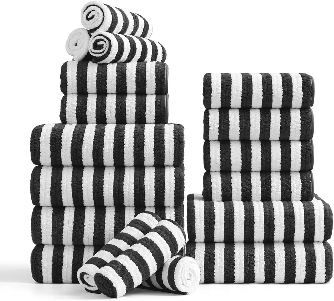 18-Piece Microfiber Bath Towels Set - 6 Bath Sheet, 6 Hand Towels, 6 Washcloths, Soft, Highly Absorbent Bathroom Towel, Quick Dry & Less Lint Shower towel for Bathroom, Hotel, Spa, Dorm-Black White, Towel Set - Pack of 18
