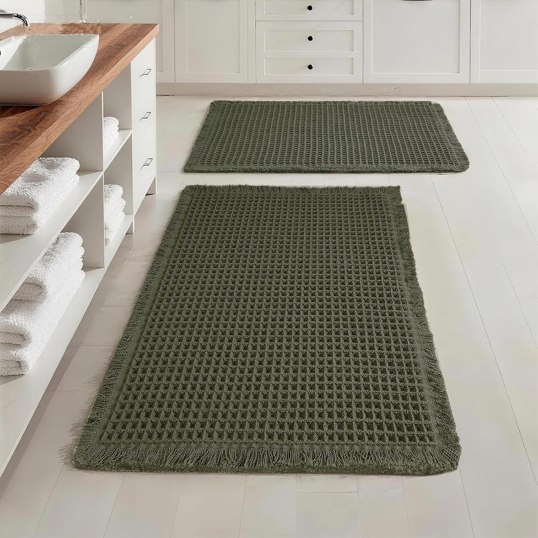 Set of 2 Waffle Bathroom Rugs, Non Slip Absorbent Waffle Knit Bath Mat for Shower Floor, Tub and Bathroom Door, Ultra Soft Quick Dry, Olive Green, 18"x30"+24"x36"