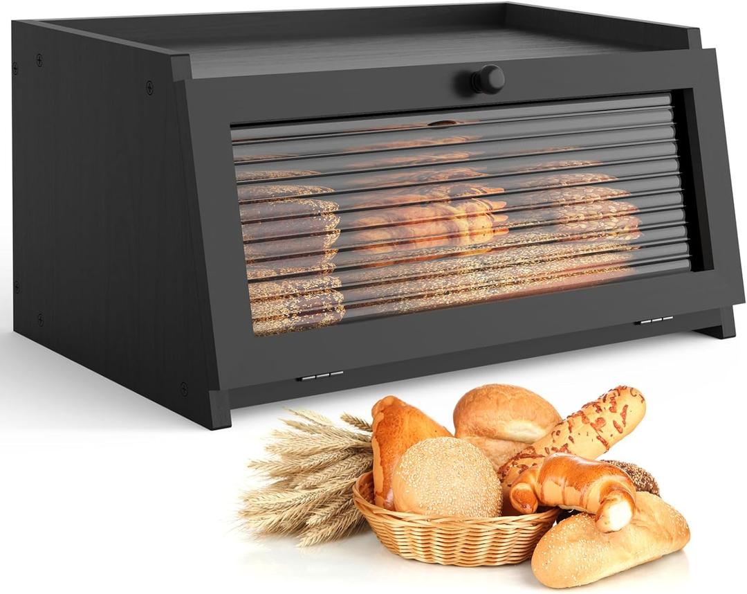 LOHASOK Bread Box for Kitchen Countertop Large Bread Box Farmhouse Bread Container Bread Storage with Window Bread Holder Black, 15.74"L x 9.84"W x 7.87"H