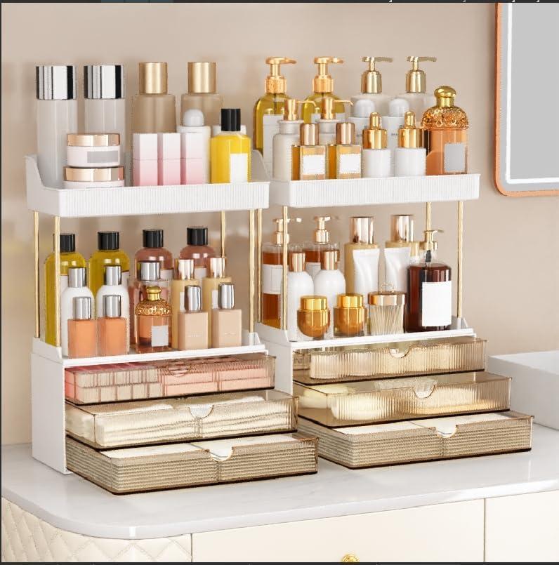 caktraie 2 Pack Bathroom Organizers and Storage - 3 Drawers 2 Tier Makeup Organizer, Cosmetic Storage Drawer for Dresser Countertop and Bathroom Vanity for Large Skincare, Perfume, Amber