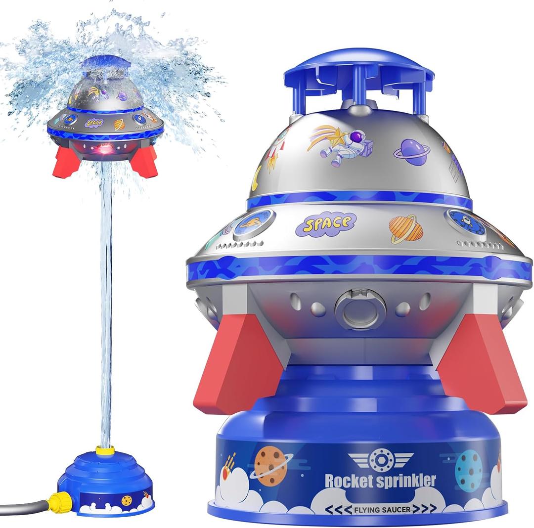 UFO Water Rocket Sprinkler for Kids Yard, LED Light-Up Summer Water Rocket Launcher for Kids Outdoor Play Water Toys & Birthday Gift for Girls Boys Age 3-12 Year Old (Silver)