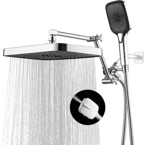 14 Inch Shower Head With Handheld, High-Pressure Rain/Rainfall Shower Heads With 3+1 Settings Handheld Spray, Including 3-Way Diverter, Extension Arm - Height/Angle Adjustable(Chrome) (Chrome & Black)