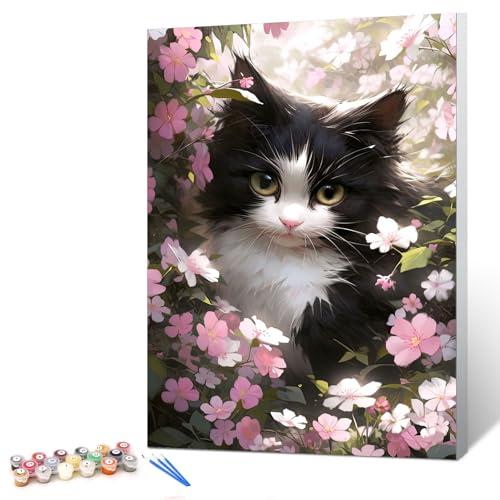 Ginkko Paint by Numbers Kit for Adults Beginner & Kids Ages 8-12 with Wooden Frame Easy Acrylic on Canvas 8x12 inch with Paints and Brushes, Cat Flower (Include Framed)