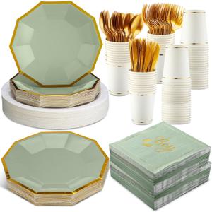 Yungyan 400 Pcs Baby Shower Dinnerware for 50 Guest Baby Shower Paper Plate Napkin Set Gender Reveal Plate Napkins Cup Footprint Disposable Knives Fork Spoon Gender Reveal (Green, Baby Boy)
