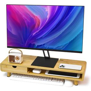 Homerays Monitor Stand with Drawer, Exquisite Computer Monitor Stand for Desk, Ergonomic Wood Monitor Stand Riser for Computer,Laptop,Printer,TV,Upgrade Bamboo