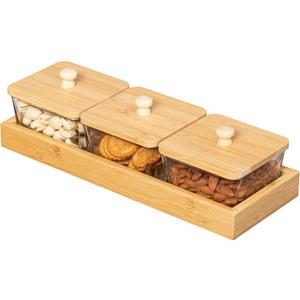 Basicwise Set of 3 Square Glass Jars with Bamboo Lids and Wooden Tray  Rectangular Charcuterie, Snack Organizer and Fruit Platter for Party, Candy Jars, Cookies, Nuts, Fruits and Snack Box